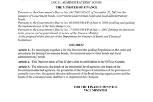 Decision No. 66/2004/QD-BTC of August 11, 2004, promulgating the guiding regulation on order and procedures for issuing Government Bonds, Government-underwritten Bonds and Local Administrations’ Bonds.