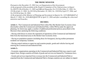 Decision No. 144/2004/QD-TTg of August 12, 2004 supplementing a number of preferential policies for Moc Bai border-gate economic zone, Tay Ninh province