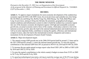 Decision No.146/2004/QD-TTg of August 13, 2004 on major orientations for socio-economic development of The Southern key economic region till 2010, with a vision to 2020