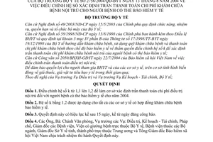 Quyết định 2756/2004/QĐ-BYT  điều chỉnh hệ số xác định trần thanh toán chi phí khám chữa bệnh nội trú cho người bệnh có thẻ BHYT