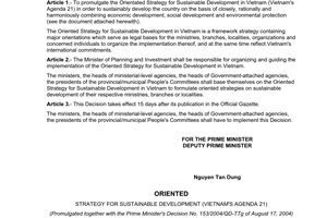 Decision No.153/2004/QD-TTg of August 17, 2004 promulgating the oriented strategy for sustainable develop-ment in Vietnam (Vietnam’s agenda 21)