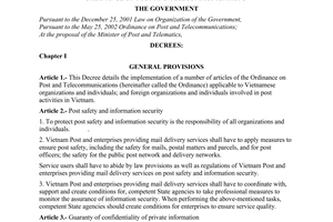 Decree of Government No.157/2004/ND-CP of August 18, 2004 detailing the implementation of a number of articles of The Ordinance on Post and Telecommunications
