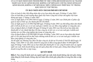 Quyết định 200/2004/QĐ-UB danh sách ngành nghề sản xuất, kinh doanh không cấp mới giấy chứng nhận đăng ký kinh doanh,điều chỉnh giấy đầu tư