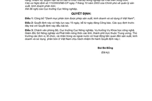 Quyết định 40/2004/QĐ-BNN Danh mục phân bón được phép sản xuất, kinh doanh và sử dụng Việt Nam