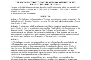 Resolution No. 727/2004/NQ-UBTVQH11 of August 20, 2004, on enforcement of the Ordinance on organization of criminal investigations.