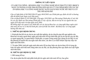 Thông tư liên tịch 85/2004/TTLT-BTC-BKHCN  quản lý tài chính dự án khoa học công nghệ được ngân sách nhà nước hỗ trợ thu hồi kinh phí