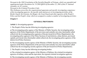 Ordinance No. 23/2004/PL-UBTVQH11 of August 20, 2004
on organization of criminal investigations