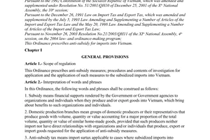 Ordinance No.22/2004/PL-UBTVQH11 of August 20, 2004 on anti-subsidy for imports into Vietnam
