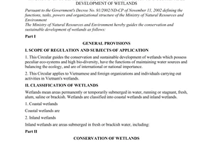 Circular No.18/2004/TT-BTNMT of August 23, 2004 guiding the implementation of The Government's Decree No. 109/2003/ND-CP of September 23, 2003 on conservation and sustainable development of wetlands