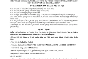 Quyết định 131/2004/QĐ-UB chuyển Công ty Cơ điện Trần Phú thuộc Sở Xây dựng thành Công ty TNHH Nhà nước 1 thành viên