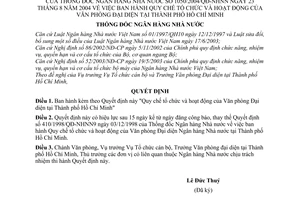 Quyết định 1050/2004/QĐ-NHNN  Quy chế tổ chức hoạt động Văn phòng đại diện tại thành phố Hồ Chí Minh