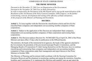 Decision No.155/2004/QD-TTg of August 24, 2004 promulgating the classification criteria and list of to be-classified State companies and independent cost-accounting member companies of State Corporations