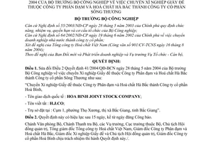 Quyết định 83/2004/QĐ-BCN chuyển Xí nghiệp Giấy đế thuộc Công ty Phân đạm và Hoá chất Hà Bắc thành Công ty cổ phần Sông Thương sửa đổi 41/2004/QĐ-BCN