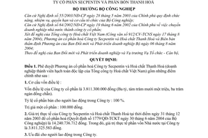 Quyết định 82/2004/QĐ-BCN chuyển Công ty Secpentin và Hoá chất Thanh Hoá thành Công ty cổ phần Secpentin và Phân bón Thanh Hoá