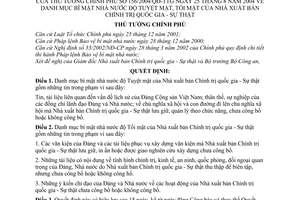Quyết định 156/2004/QĐ-TTg Danh mục bí mật nhà nước độ tuyệt mật, tối mật Nhà xuất bản Chính trị quốc gia - Sự thật