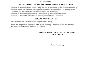 Order No. 19/2004/L-CTN of August 30, 2004 promulgating an ordinance of The National Assembly Standing Committee