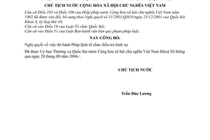 Lệnh công bố Nghị quyết thi hành Pháp lệnh tổ chức điều tra hình sự 21/2004/L-CTN