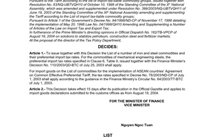 Decision No.71/2004/QD-BTC of August 31, 2004 adjusting the preferential import tax rates of a number of iron and steel commodities