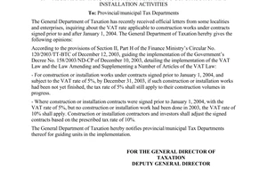 Official Dispatch No. 2761 TCT/DNNN of August 30, 2004, on value added tax (VAT) rates applicable to construction and installation activities