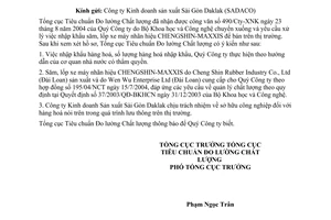 Công văn  1087/TĐC-ĐGPH  nhập khẩu săm,lốp xe máy