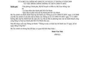 Công văn 10892/TC-VP đính chính TT 91/2004/TT-BTC cấp bù chênh lệch lãi suất cho vay dự án đầu tư phương tiện vận tải hành khách bằng xe buýt HCM