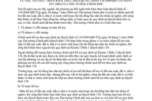 Công văn  1401/CP-NN tổ chức triển khai thực hiện QĐ 134/2004/QĐ-TTg