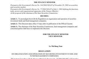 Decision No.73/2004/QD-BTC of September 3, 2004 promulgating the regulation on organization and operation of securities investment funds and fund management companies