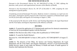 Decision No. 307/2004/QD-BYT of September 6, 2004, permitting the application of 12 rapid tests for chemical contamination of food.
