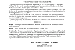 Decision No.1096/2004/QD-NHNN of September 6, 2004, on the issuance of the regulation on factoring activity of credit institutions
