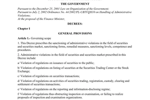 Decree of Government No. 161/2004/ND-CP of September 7, 2004 on sanctioning of administrative violations in the field of securities and securities market