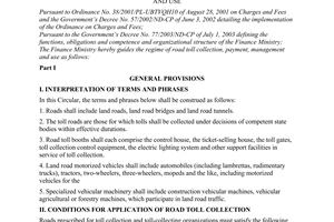 Circular No. 90/2004/TT-BTC of September 7, 2004 guiding the regime of road toll collection, payment, management and use
