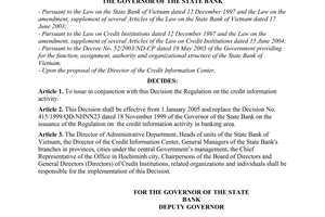 Decision No.1117/2004/QD-NHNN of September 8, 2004 on the issuance of the regulation on credit information activity