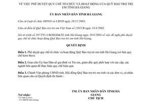 Quyết định 2664/QĐ-UB 2004 Quy chế tổ chức và hoạt động Quỹ Bảo trợ trẻ em Hà Giang