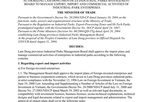 Decision No. 1292/2004/QD-BTM of September 13, 2004 authorizing lam dong provinces industrial parks management board to manage export, import and commercial activities of industrial-park enterprises