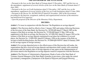 Decision No.1160/2004/QD-NHNN of September 13, 2004, on the issuance of the regulation on savings deposits