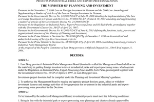 Decision No. 1069/2004/QD-BKH of September 17, 2004 authorizing lam dong province’s industrial parks management board to formulate projects; receive and appraise project dossiers; grant, adjust or withdraw investment licenses, and manage activities of foreign investment projects in industrial parks and export-processing zones