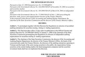 Decision No. 76/2004/QD-BTC of September 22, 2004 promulgating the regulation on selection of accredited auditing enterprises for securities issuing, listing or trading organizations