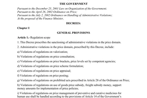 Decree of Government No. 169/2004/ND-CP of September 22, 2004 prescribing the sanctioning of administrative violations in The Price Domain