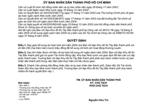 Quyết định 222/2004/QĐ-UB giao bổ sung chỉ tiêu dự toán chi ngân sách 2004 cho Ban chỉ đạo Khu đô thị Tây Bắc thành phố