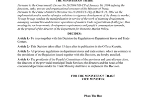 Decision No.1371/2004/QD-BTM of September 24, 2004 issuing The Regulation on Department Stores and Trade Centers