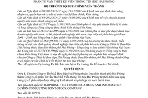 Quyết định 39/2004/QĐ-BBCVT chuyển Công ty Thiết kế Bưu điện Hải Phòng thành Công ty cổ phần Tư vấn Thiết kế Viễn thông Tin học