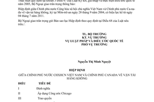 Thông báo hiệu lực Hiệp định về vận tải hàng không giữa Việt Nam và Ca-na-đa