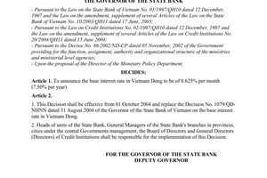 Decision No. 1254/QD-NHNN of September 30, 2004, on the base interest rate in Vietnam dong