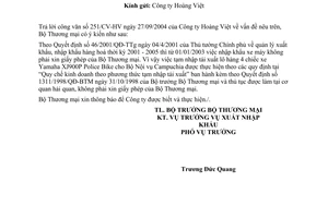 Công văn 5187 TM/XNK  tạm nhập tái xuất 4 chiếc xe Yamaha XY900P Police Bike cho Bộ nội vụ Campuchia