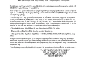 Công văn  5352/GP-CLH  giấy phép nhập khẩu tiền chất  lĩnh vực công nghiệp