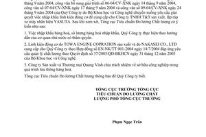 Công văn  1213/TĐC-ĐGP nhập khẩu linh kiện động cơ