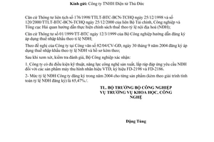 Công văn  5277/CV-KHCN xác nhận điều kiện kỹ thuật, năng lực công nghệ sản xuất và tỷ lệ nội địa hoá