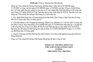 Công văn  1262/TĐC/ĐGPH  nhập khẩu linh kiện động cơ