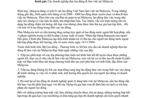 Công văn  3652 LĐTBXH-QLĐNN  Giải quyết tình hình lao động  Malaysia