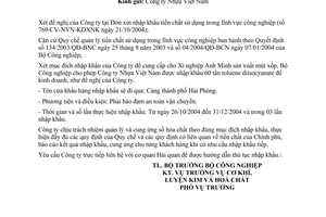 Công văn  5581/GP-CLH ngày 26/10/2004   giấy phép nhập khẩu tiền chất sử dụng trong lĩnh vực công nghiệp